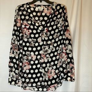 Rose and Olive Women's  Black Floral Polka Dot Top Long Sleeve Size large
